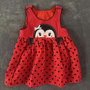 Vintage Nannette Baby Red Corduroy Dress w/ Penguin Applique Heart Pattern 12M
